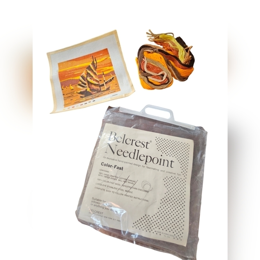 Vintage Belcrest needle point kit sailboat at sunset.